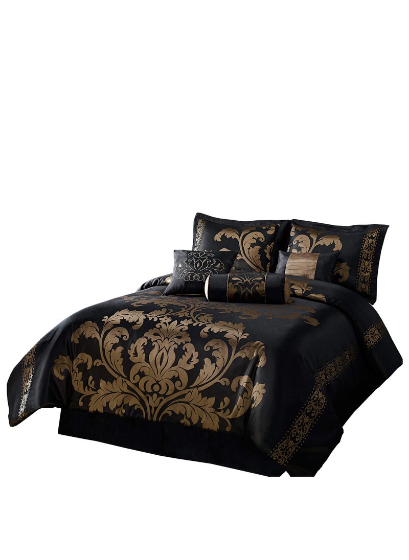 Chezmoi Collection Chezmoi Collection Royale 7Piece Jacquard Floral Comforter Set Queen BlackGold 