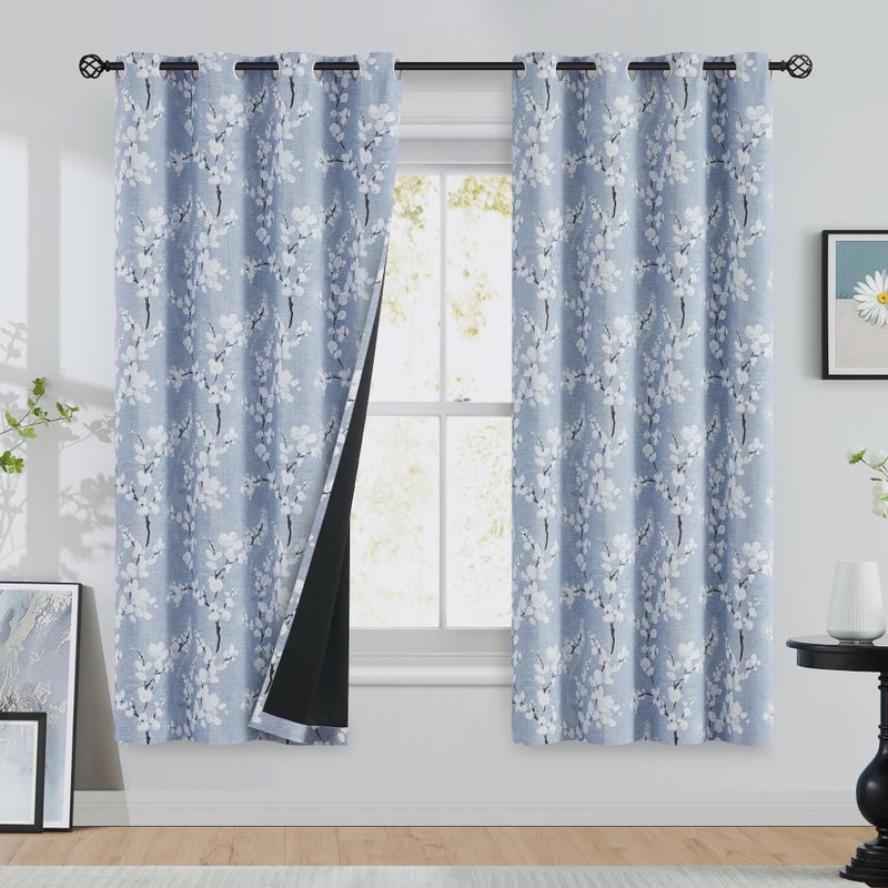 FMFUNCTEX 100 Blackout Floral Curtains for Bedroom Blue Curtains 63 inch Length Blossom Flower Patterned for Living Room Thermal Insulated Farmhouse Drapes Grommet Top 2 Panels White on Blue