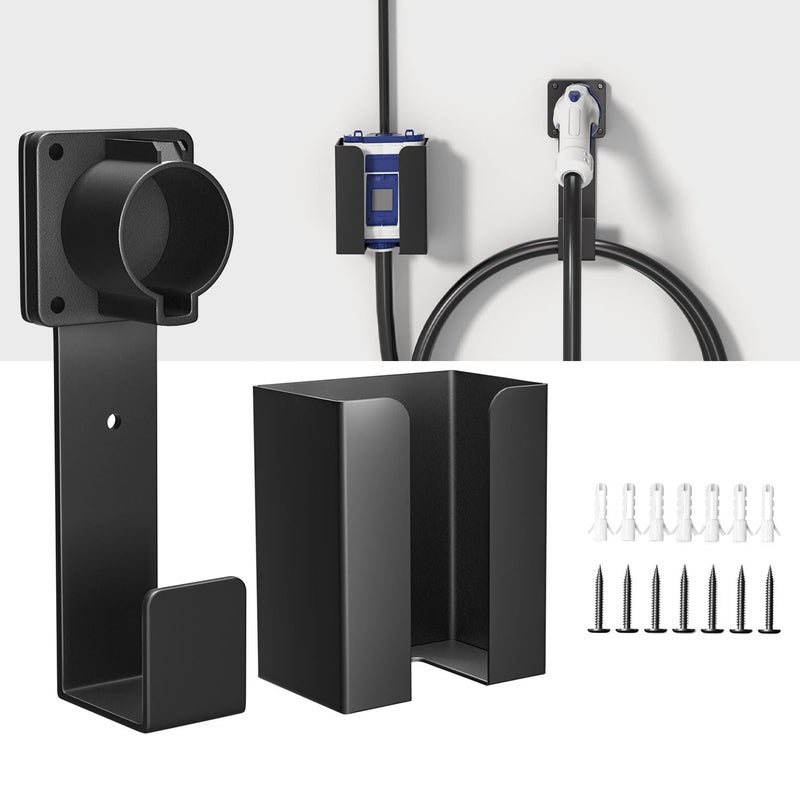 bussdis EV Charger HolderCharging Box Holder Nozzle Holster Dock and Cable Organizer WallMount Connector with JHook Combination for J1772 EV Cable Holder WallMount Electric Vehicle Charger