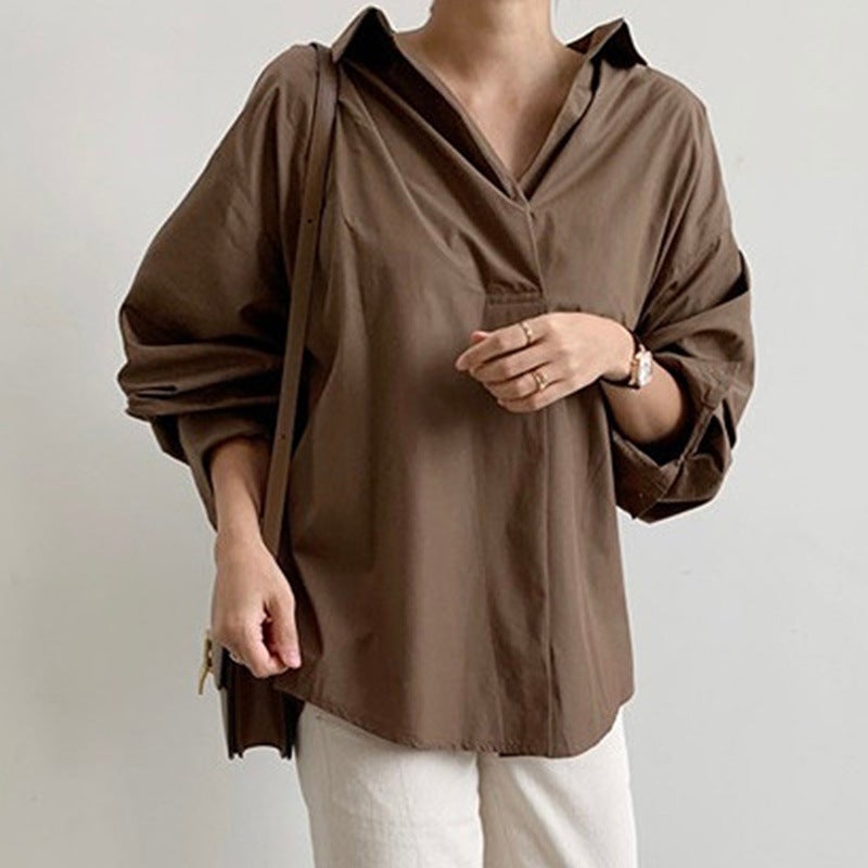 2024 early spring new elegant all-match button loose slimming solid color long sleeve shirt cotton top for women Brown - Image 1