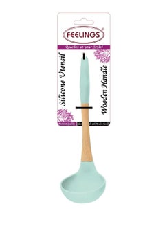 Feelings Silicone Soup Ladle with Rubber Wood Handle Green color 28cm  - Image 1