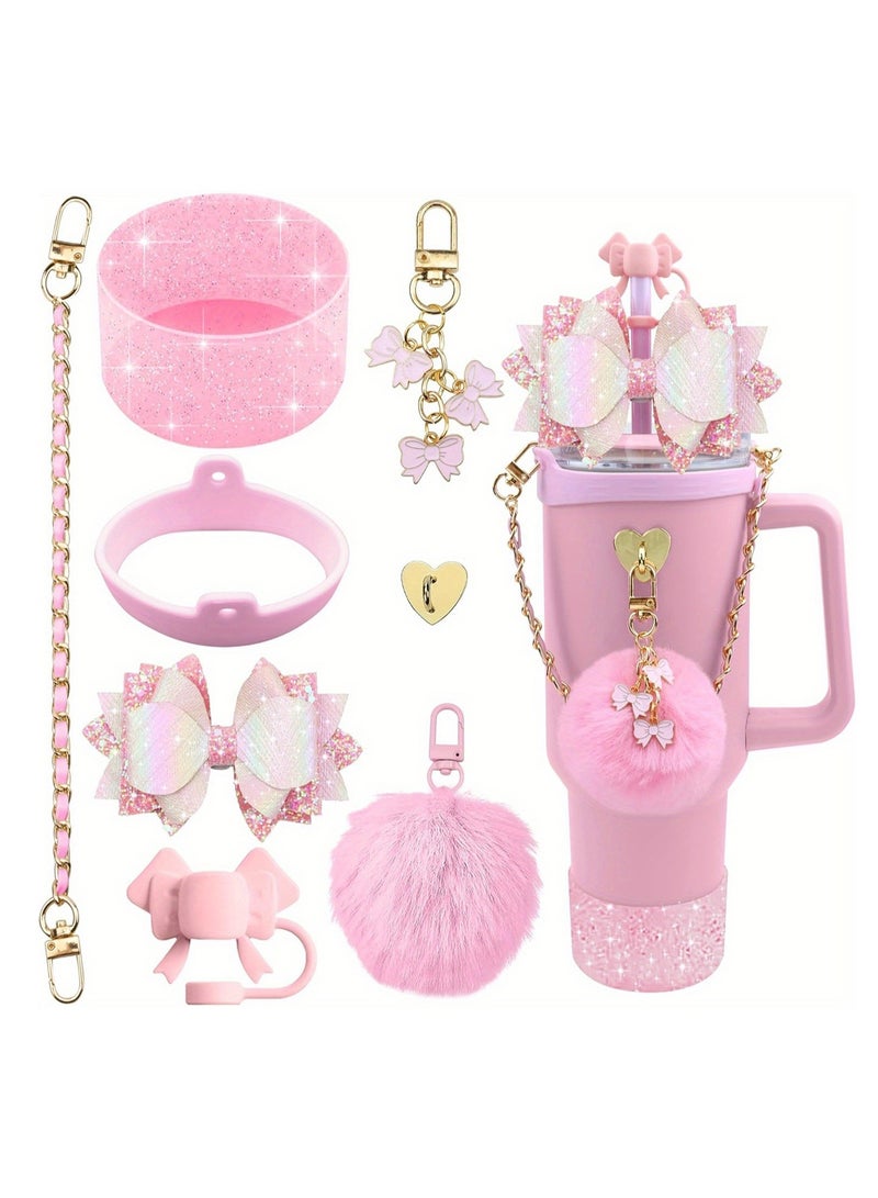 Macaron Candy Color Straw Hat Heart Bow Pendant Hair Ball Pendant Cup Chain Color Cup Rope Set, 8 Sets For 30 Ounce 40 Ounce Water Cup Accessories (Pink) - Image 1