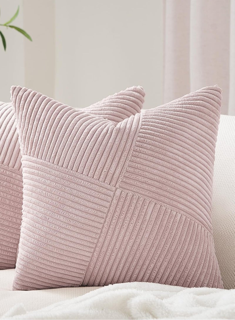Set of 2 Pink Decorative Throw Pillow Covers 18x18 Inch, Soft Corduroy Square Couch Pillowcase Windmill Textured Striped Patchwork Cushion Cover Modern Farmhouse Boho Home Decor（Without Filler） - Image 3