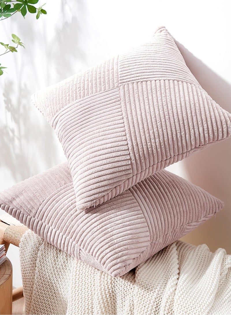 Set of 2 Pink Decorative Throw Pillow Covers 18x18 Inch, Soft Corduroy Square Couch Pillowcase Windmill Textured Striped Patchwork Cushion Cover Modern Farmhouse Boho Home Decor（Without Filler） - Image 2