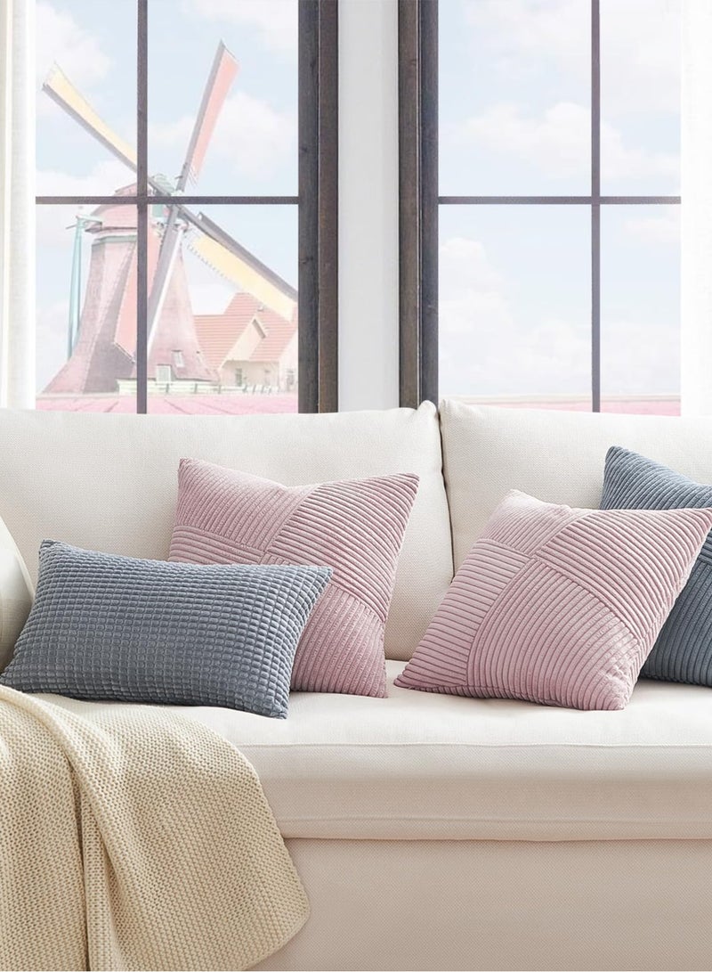 Set of 2 Pink Decorative Throw Pillow Covers 18x18 Inch, Soft Corduroy Square Couch Pillowcase Windmill Textured Striped Patchwork Cushion Cover Modern Farmhouse Boho Home Decor（Without Filler） - Image 5