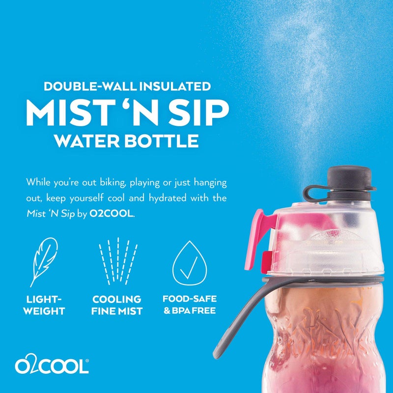 O2COOL ArcticSqueeze Insulated Mist 'N Sip Water Bottle | BPA Free, 2-in-1 Mist and Sip Function w/No Leak, Locking Pull Top Spout : 20 oz | Color Collection: Ombre, Raspberry Ombre - Image 5