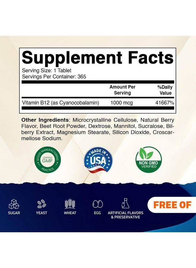 Vitamatic Vitamin B12 1000 mcg Fast Dissolve - 365 Tablets - Natural Berry Flavor - Supports Energy Metabolism & Nervous System Health - Image 2