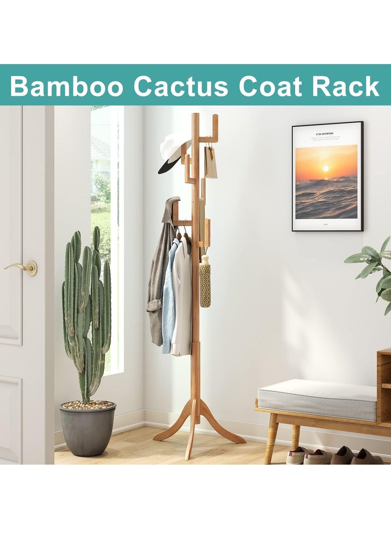Hihonor Coat Rack Freestanding, Bamboo Cactus Coat Tree, Adjustable Height Wooden Coat Stand with 6 Hooks, kids coat rack, Used In The Bedroom Living Room, Office To Hang Clothes, Hats, Bags - Image 3