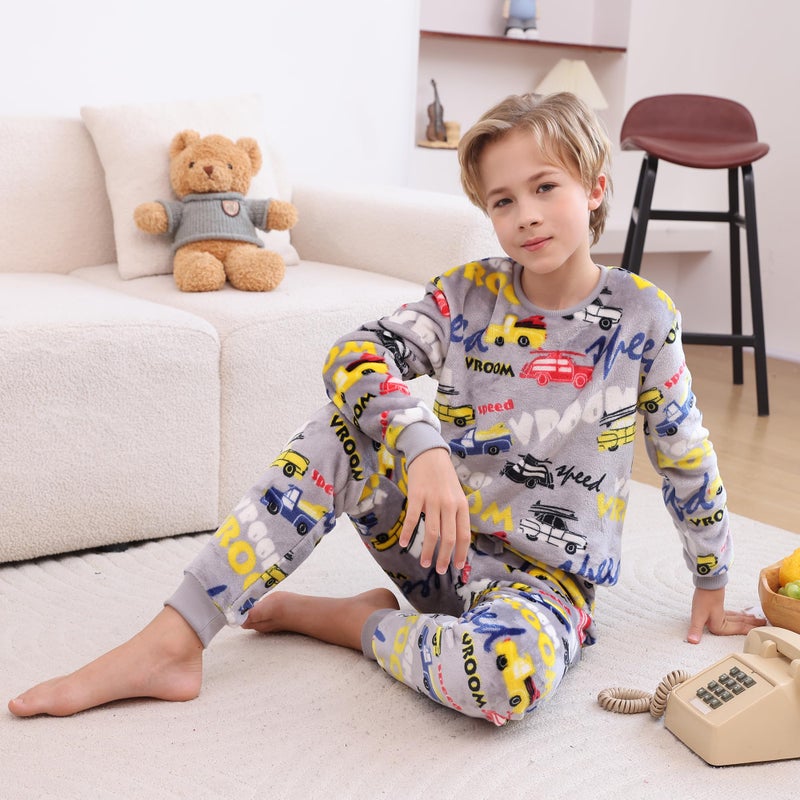 V.&GRIN Boys Fleece Pajamas, Soft Cozy Pullover Sweatshirt Pants Set for Kids 7-16 Years(Car Gray 13-14) - Image 3
