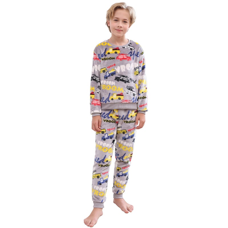 V.&GRIN Boys Fleece Pajamas, Soft Cozy Pullover Sweatshirt Pants Set for Kids 7-16 Years(Car Gray 13-14) - Image 1