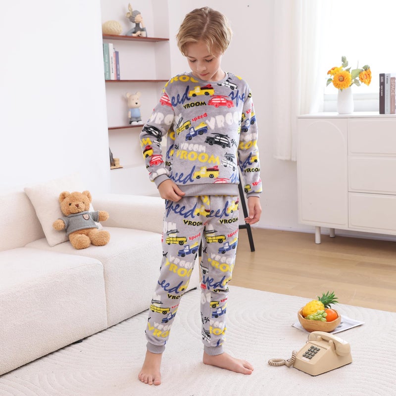V.&GRIN Boys Fleece Pajamas, Soft Cozy Pullover Sweatshirt Pants Set for Kids 7-16 Years(Car Gray 13-14) - Image 2