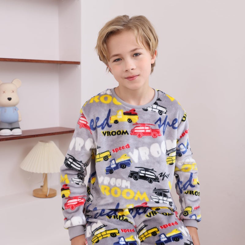 V.&GRIN Boys Fleece Pajamas, Soft Cozy Pullover Sweatshirt Pants Set for Kids 7-16 Years(Car Gray 13-14) - Image 4