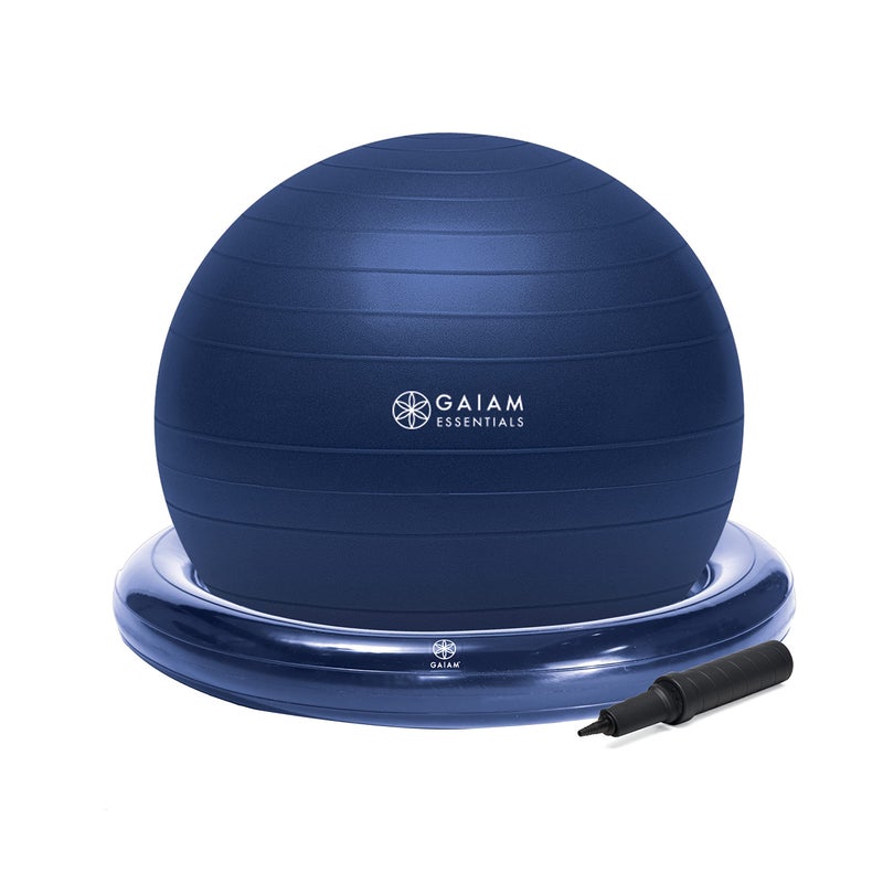 Gaiam Essentials Balance Ball & Base Kit, 65cm Yoga Ball Chair, Exercise Ball with Inflatable Ring Base for Home or Office Desk, Includes Air Pump - Navy - Image 1
