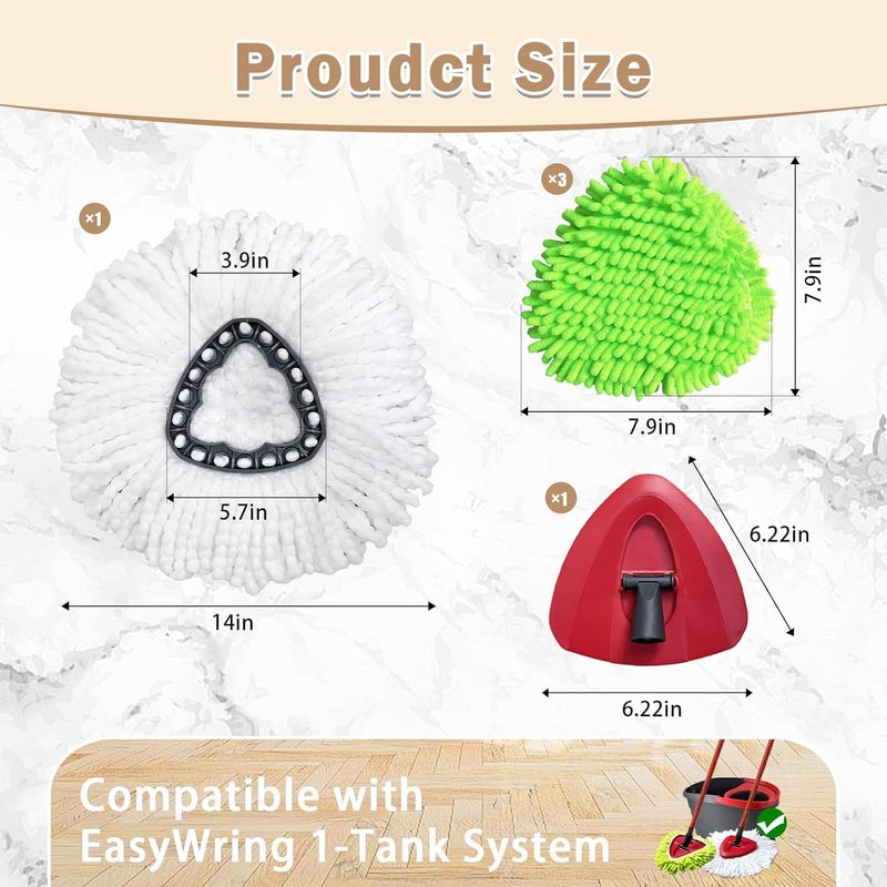 5 قطع رؤوس ممسحة بديلة متوافقة مع نظام EasyWring 1-Tank، رأس ممسحة دوارة مثلثة مع قاعدة ممسحة، ميكروفايبر وشينيل، رأس ممسحة بديل قابل للغسيل لتنظيف الأرضيات العميق - Image 4