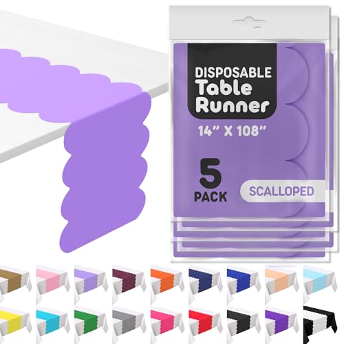 Lavender Plastic Disposable Table Runner 5 Pack 14 x 108 inch Scallop Table Runner Adds A Pop of Color to Your Party Table by Swanoo