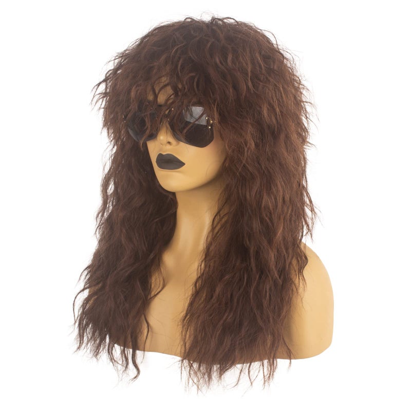 Askuang 80s Rock Mullet Wigs for Men and Women Long Brown Curly Wig 70s 80s Costumes for Men Women Halloween Cosplay Party Wigs