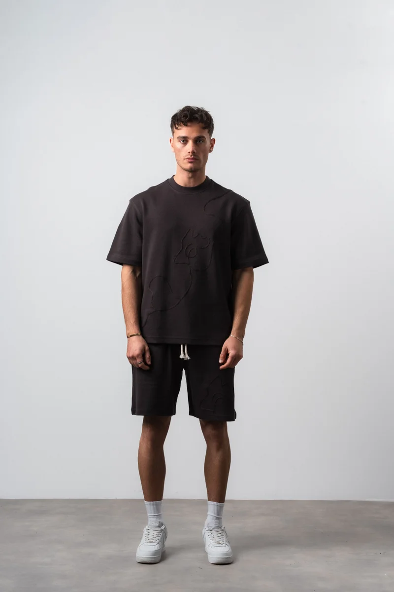 Respire Men's Embroidered Detail Regular Fit T-Shirt and Shorts Set in Brown