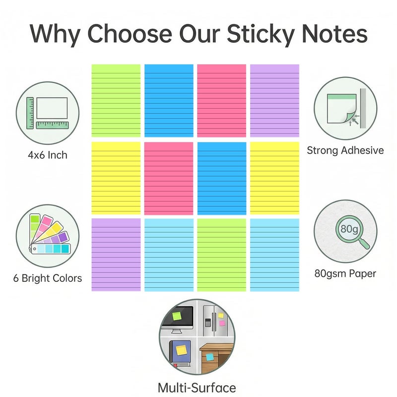 WSPER 12 Pack Lined Sticky Notes 4x6 in Bright Colors Self-Stick Note Pads with Lines, Colorful Bulk Sticky Memo Pad for School, Office, Meeting - Image 4