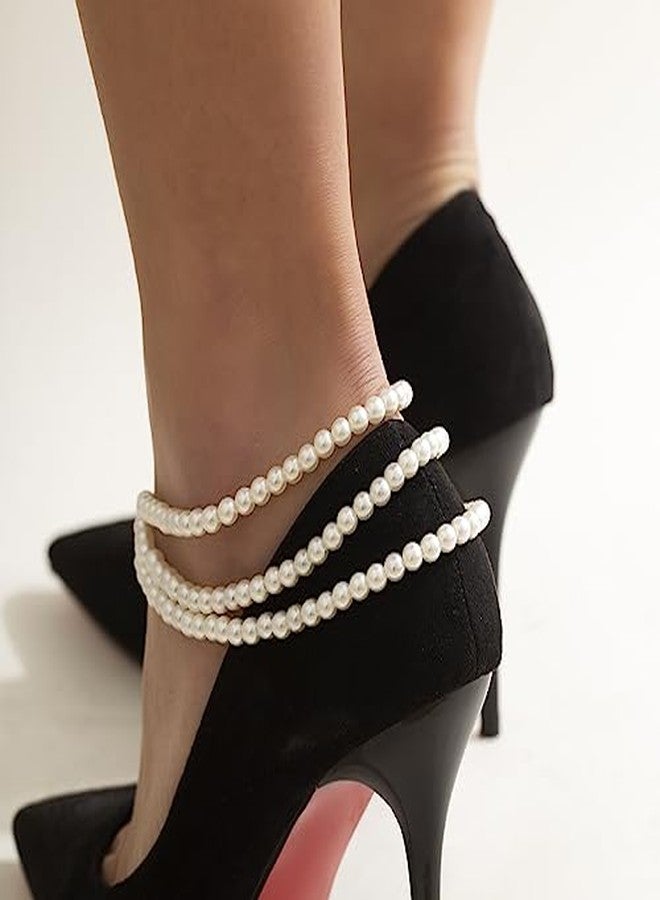 RECTYO GALLERY 1 Pair Luxury Faux Pearl Anklet for Women - Dainty Multiple Layered Stacking Shoes Boot Chain White Pearl Beaded Shoelace Accessories - Image 2