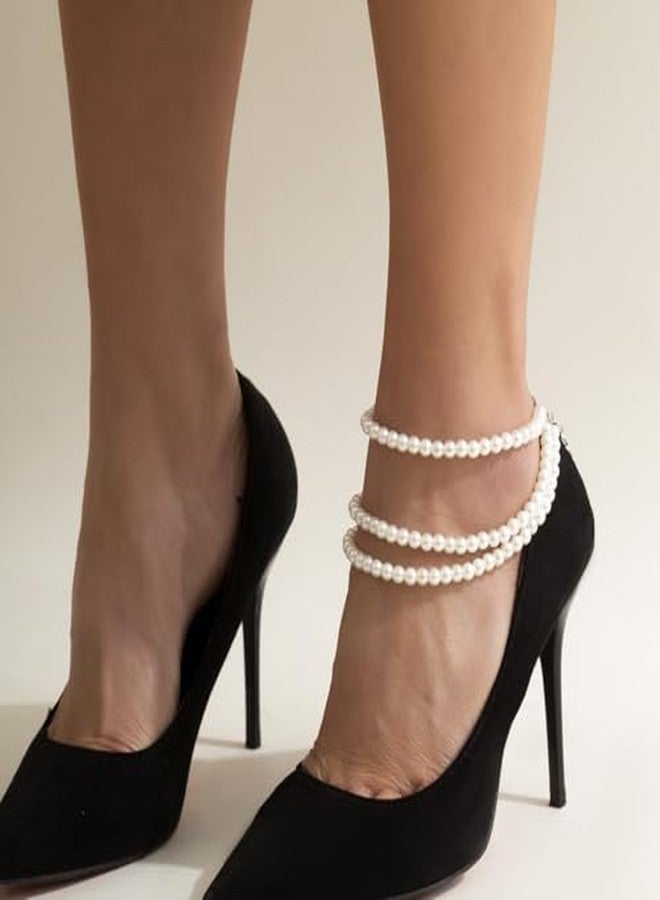 RECTYO GALLERY 1 Pair Luxury Faux Pearl Anklet for Women - Dainty Multiple Layered Stacking Shoes Boot Chain White Pearl Beaded Shoelace Accessories - Image 3