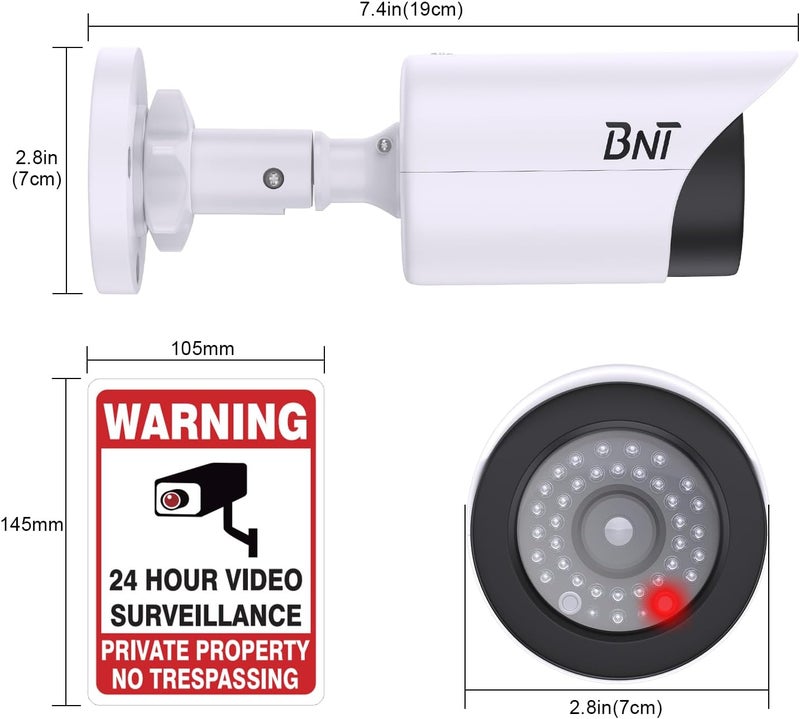 BNT Dummy Fake Camera, Surveillance Security CCTV Dome Camera, with One LED Light, Security Alarm Sticker Label (TC-W2), Security Camera Suitable for Indoor/Outdoor (2 Pack, White) - Image 2