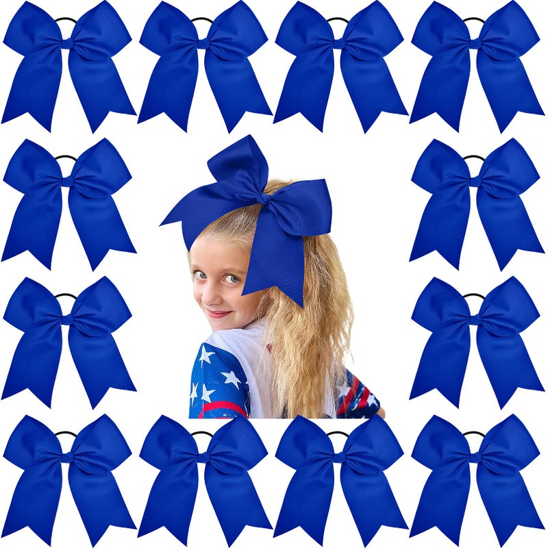 Aileam 12PCS 8 Large Cheer Bow Blue Ponytail Holder Elastic Band Hair Ties Hair Bow Accessories for Cheerleading Teen Girls High School College Softball Competition Sports