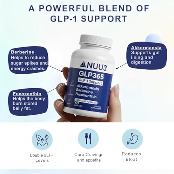 NUU3 GLP365 Natural GLP‑1 Support Supplement with Berberine, Fucoxanthin, Akkermansia for Appetite, Blood Health & Cravings Control – Non-GMO, Keto Friendly - 60 Capsules - Image 4