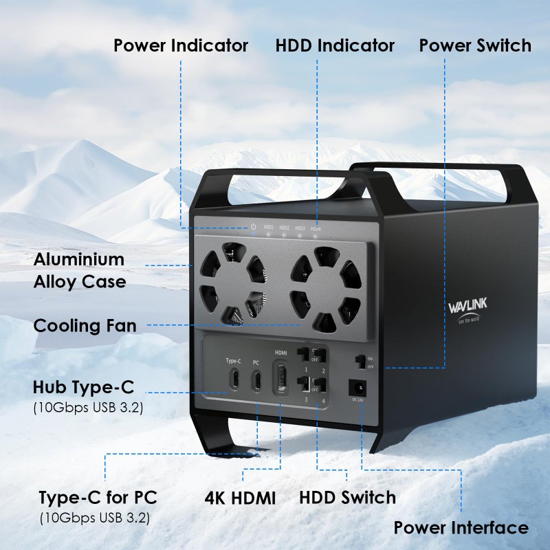 WAVLINK 4-Bay Hard Drive Enclosure for 3.5" and 2.5'' SATA HDD/SSD Featuring 10Gbps USB-C 3.2, Max 88TB Capacity, Built-in Temp-Controlled Cooling Fans, 4K HDMI Stunning Video Output, Aluminum Shell - Image 2