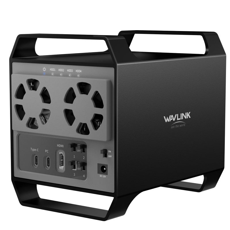 WAVLINK 4-Bay Hard Drive Enclosure for 3.5" and 2.5'' SATA HDD/SSD Featuring 10Gbps USB-C 3.2, Max 88TB Capacity, Built-in Temp-Controlled Cooling Fans, 4K HDMI Stunning Video Output, Aluminum Shell - Image 1