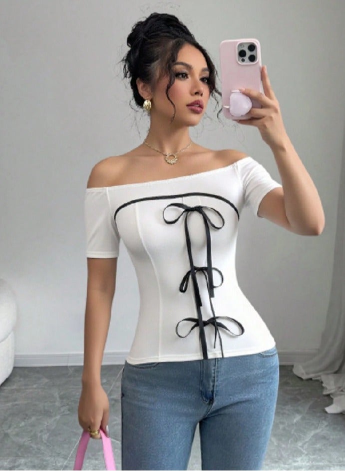 Rafferiza Elegant Off Shoulder Bowknot Women Short Sleeve T-Shirt