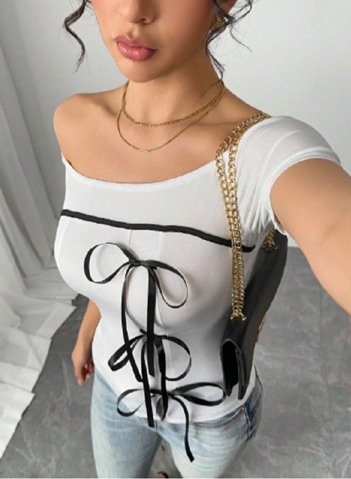 Rafferiza Elegant Off Shoulder Bowknot Women Short Sleeve T-Shirt