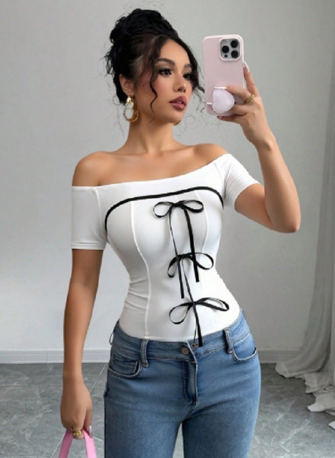 Rafferiza Elegant Off Shoulder Bowknot Women Short Sleeve T-Shirt
