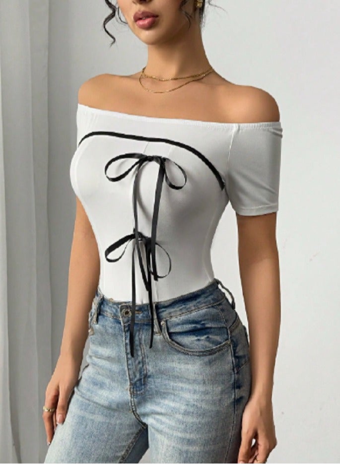 Rafferiza Elegant Off Shoulder Bowknot Women Short Sleeve T-Shirt
