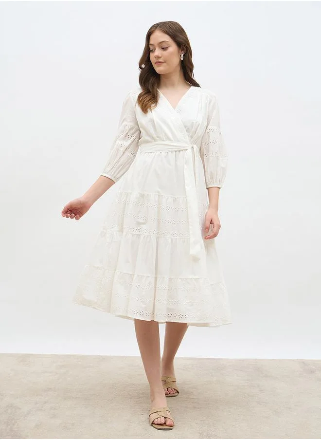 ستايلي Styli Schiffli Wrap Balloon Sleeve Midi Dress