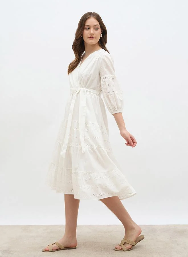 Styli Styli Schiffli Wrap Balloon Sleeve Midi Dress