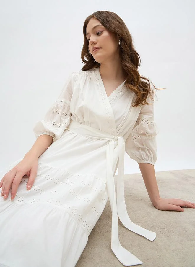 Styli Styli Schiffli Wrap Balloon Sleeve Midi Dress