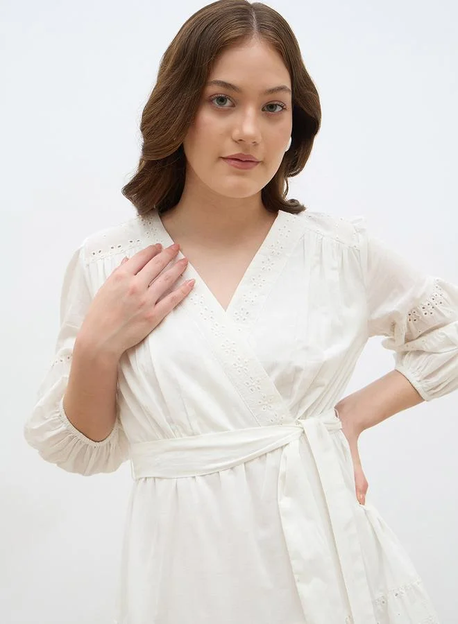 Styli Styli Schiffli Wrap Balloon Sleeve Midi Dress