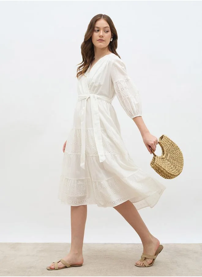 ستايلي Styli Schiffli Wrap Balloon Sleeve Midi Dress