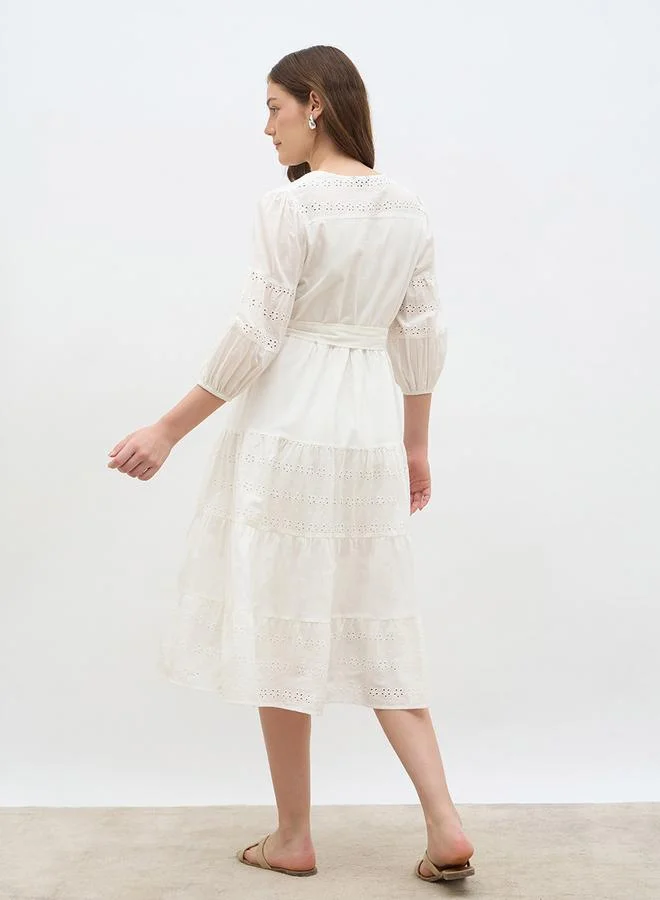 Styli Styli Schiffli Wrap Balloon Sleeve Midi Dress