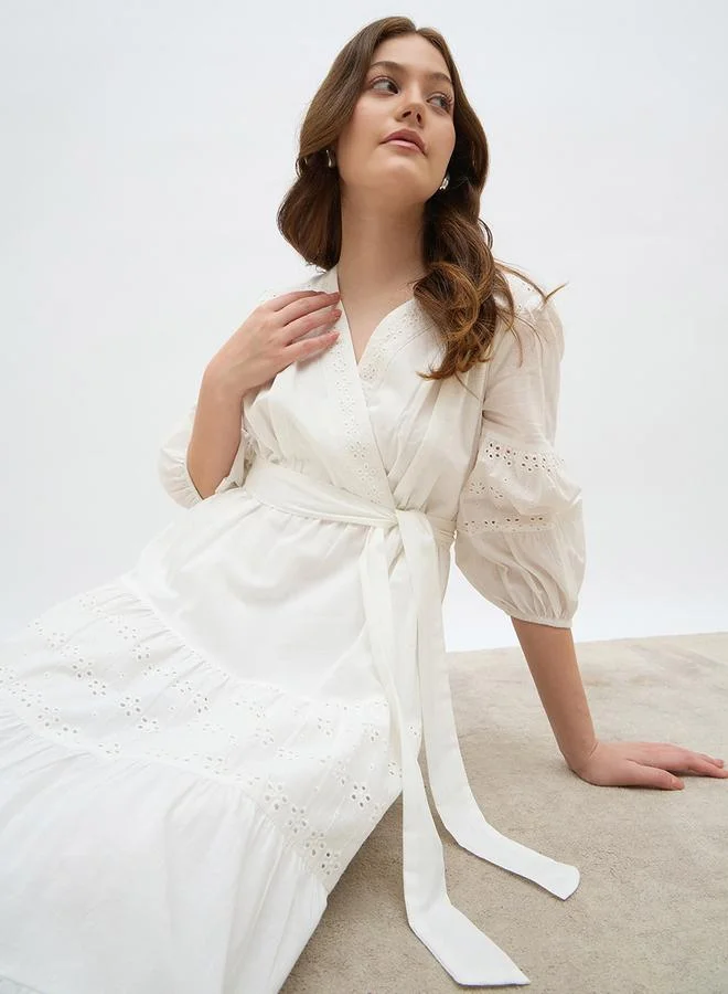 Styli Styli Schiffli Wrap Balloon Sleeve Midi Dress