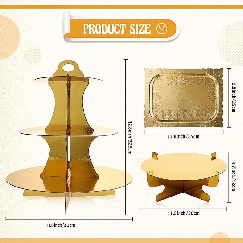 Zopeal Gold Tablecloth 54 x 108 Inch Plastic Tablecloth with 7 Pieces Gold Cake Stand Set 3 Tier Cardboard Cupcake Stand 1 Tier Round Dessert Rack Rectangle Serving Tray for Desserts Birthday Party - Image 2