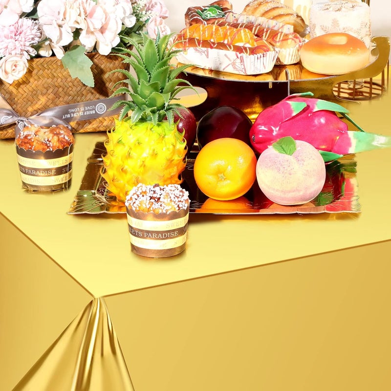 Zopeal Gold Tablecloth 54 x 108 Inch Plastic Tablecloth with 7 Pieces Gold Cake Stand Set 3 Tier Cardboard Cupcake Stand 1 Tier Round Dessert Rack Rectangle Serving Tray for Desserts Birthday Party - Image 4