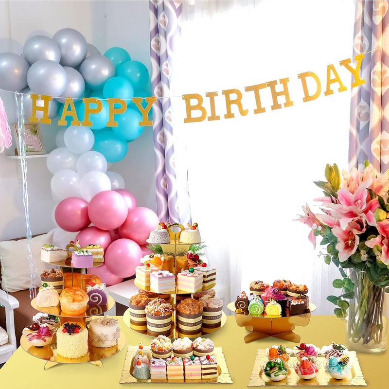 Zopeal Gold Tablecloth 54 x 108 Inch Plastic Tablecloth with 7 Pieces Gold Cake Stand Set 3 Tier Cardboard Cupcake Stand 1 Tier Round Dessert Rack Rectangle Serving Tray for Desserts Birthday Party - Image 5