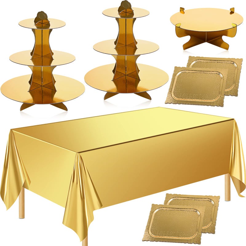 Zopeal Gold Tablecloth 54 x 108 Inch Plastic Tablecloth with 7 Pieces Gold Cake Stand Set 3 Tier Cardboard Cupcake Stand 1 Tier Round Dessert Rack Rectangle Serving Tray for Desserts Birthday Party - Image 1