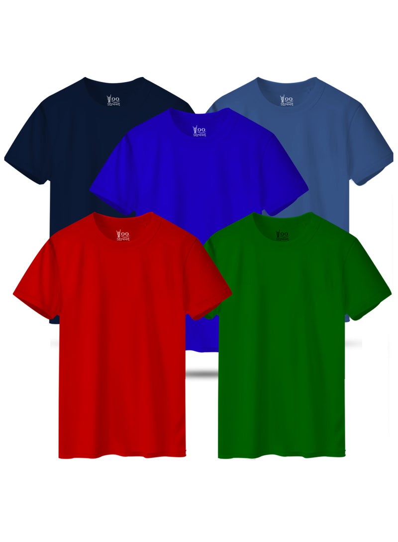 Yoo Street Bundle of 5 Classic T-Shirts - RED GREEN BLUE NAVY BLUE LIGHT INDIGO