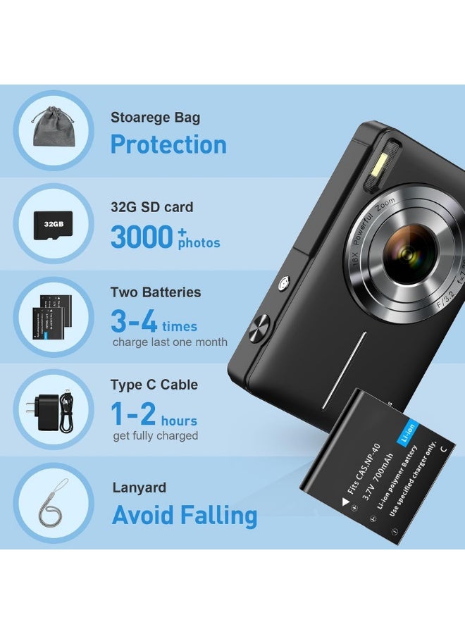 Digital Camera, FHD 1080P Kids Camera 44MP Point and Shoot Digital Cameras with 32GB SD Card, 16X Zoom, Two Batteries, Lanyard, Compact Small Camera for Kids Boys Girls, Black - Image 5