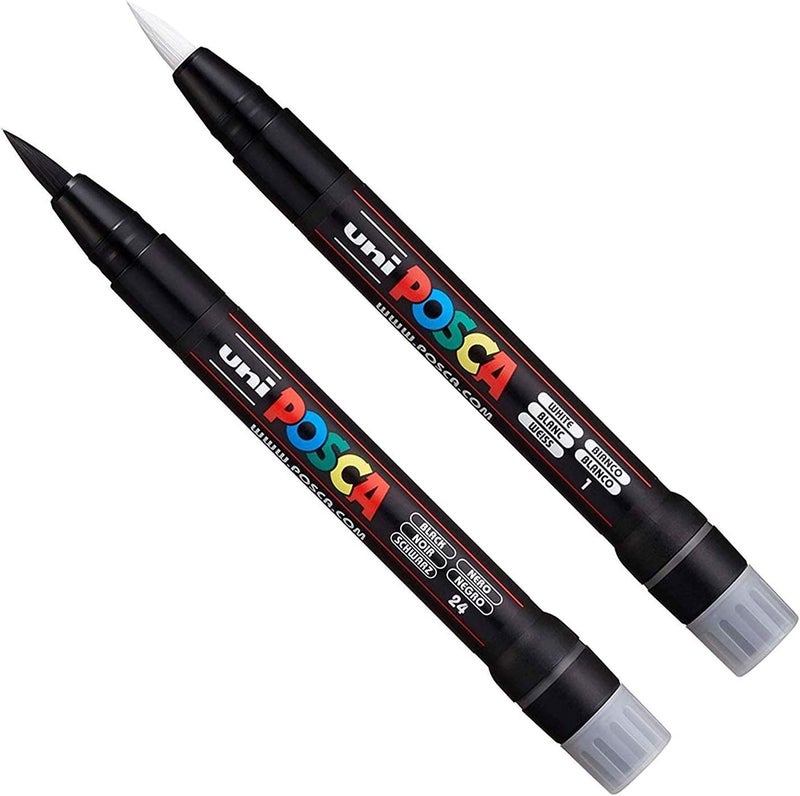 POSCA POSCA Uni PCF350 Brush Tip Paint Marker Pen  Fabric Glass Metal  Black  White Set 1 of Each  - Image 1