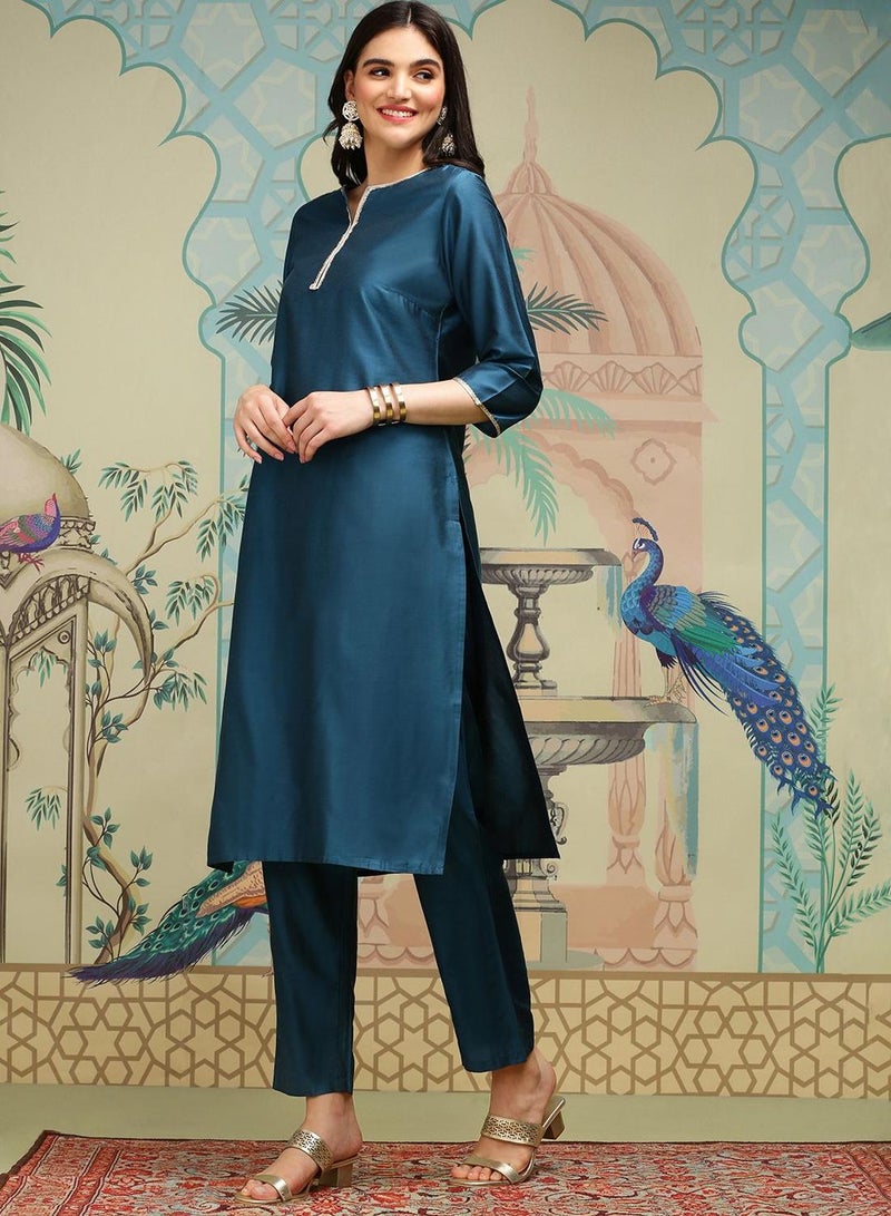 ISHIN Women'S Navy Blue Polyester Blend Self Design Full Length Palazzo Kurta Set - Image 5