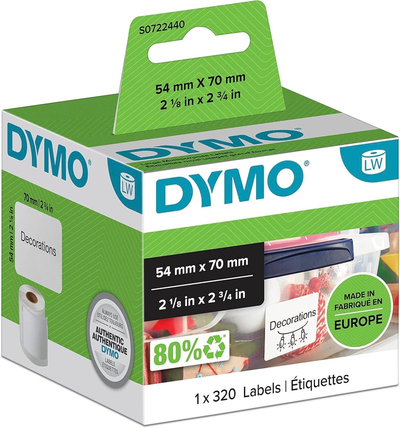Dymo Authentic LabelWriter Multi-Purpose Labels | 54 mm x 70 mm | Self Adhesive | Roll of 320 Easy-Peel Labels | for LabelWriter Label Makers | Made in Europe - Image 1