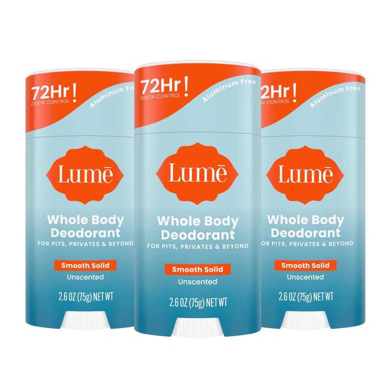 Lume Whole Body Deodorant  Smooth Solid Stick  72 Hour Odor Control  Aluminum Free Baking Soda Free and Skin Loving  26 Ounce Pack of 3 Unscented